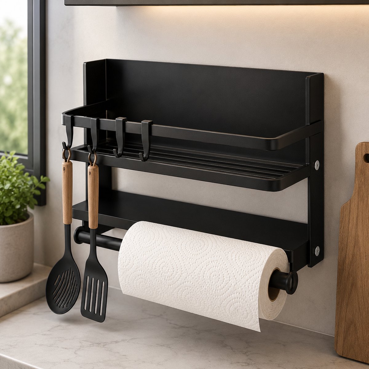 Muurkruidenrek met keukenrolhouder - 4 haken - roestvrij staal - hangend wandrek - keuken en badkamer organizer - zwart kruidenrek ophangbaar