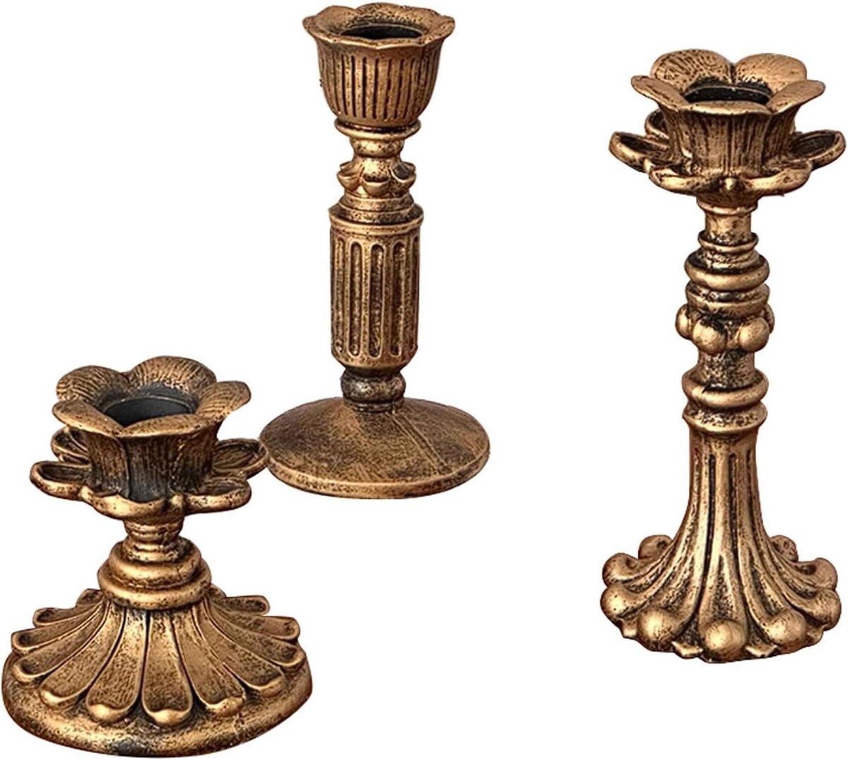 Hars Kandelaars - Set van 3 - Sfeer Creëren - Vintage gesneden ontwerp - Verschillende hoogtes - Antiek brons