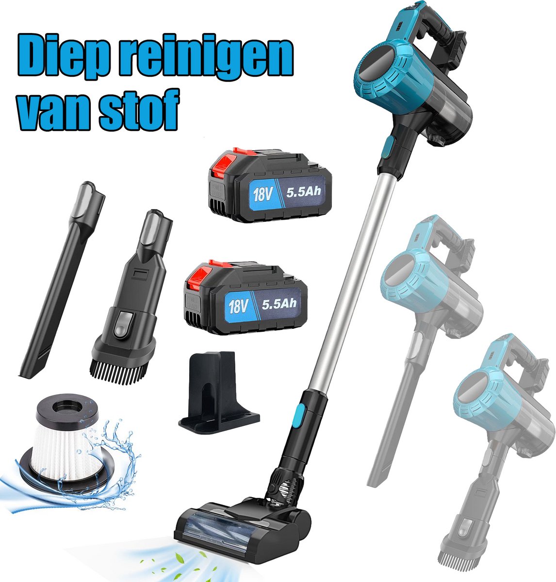 3-in-1 draadloze stofzuiger – 18V – Lichtgewicht – 2 oplaadbare lithium-ion accu's – Voor tapijt, huisdierharen en harde vloeren – Stofzuiger staand & hand