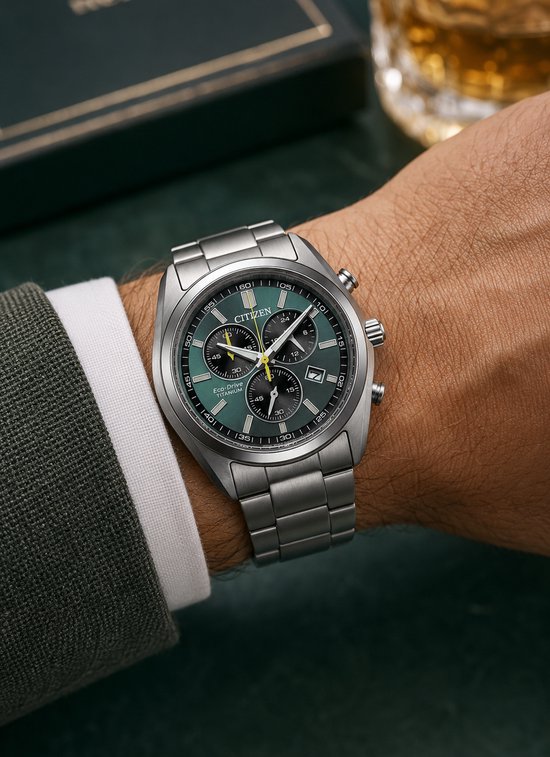 Man draagt een zilverkleurig Citizen Eco-Drive Titanium horloge met groene wijzerplaat om de pols.