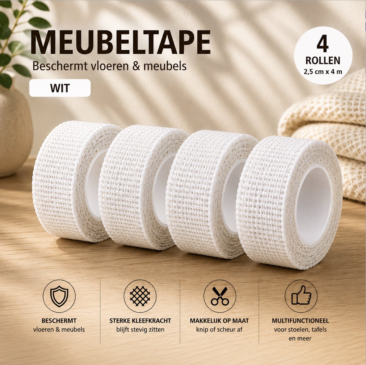 Meubeltape - Wit - 2,5 cm x 4 m - 4 rollen