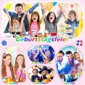 Kinderen met glittertattoos op een verjaardagsfeest, met thema's voor Pasen, Halloween en carnaval, inclusief teksten zoals 'love' en 'geburtstagsfeier'.