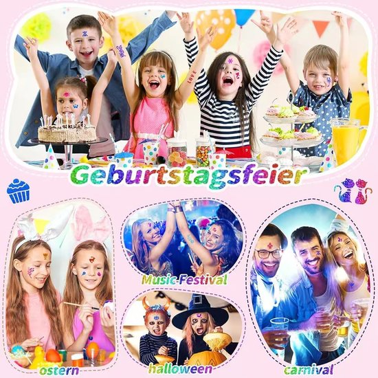 Kinderen met glittertattoos op een verjaardagsfeest, met thema's voor Pasen, Halloween en carnaval, inclusief teksten zoals 'love' en 'geburtstagsfeier'.