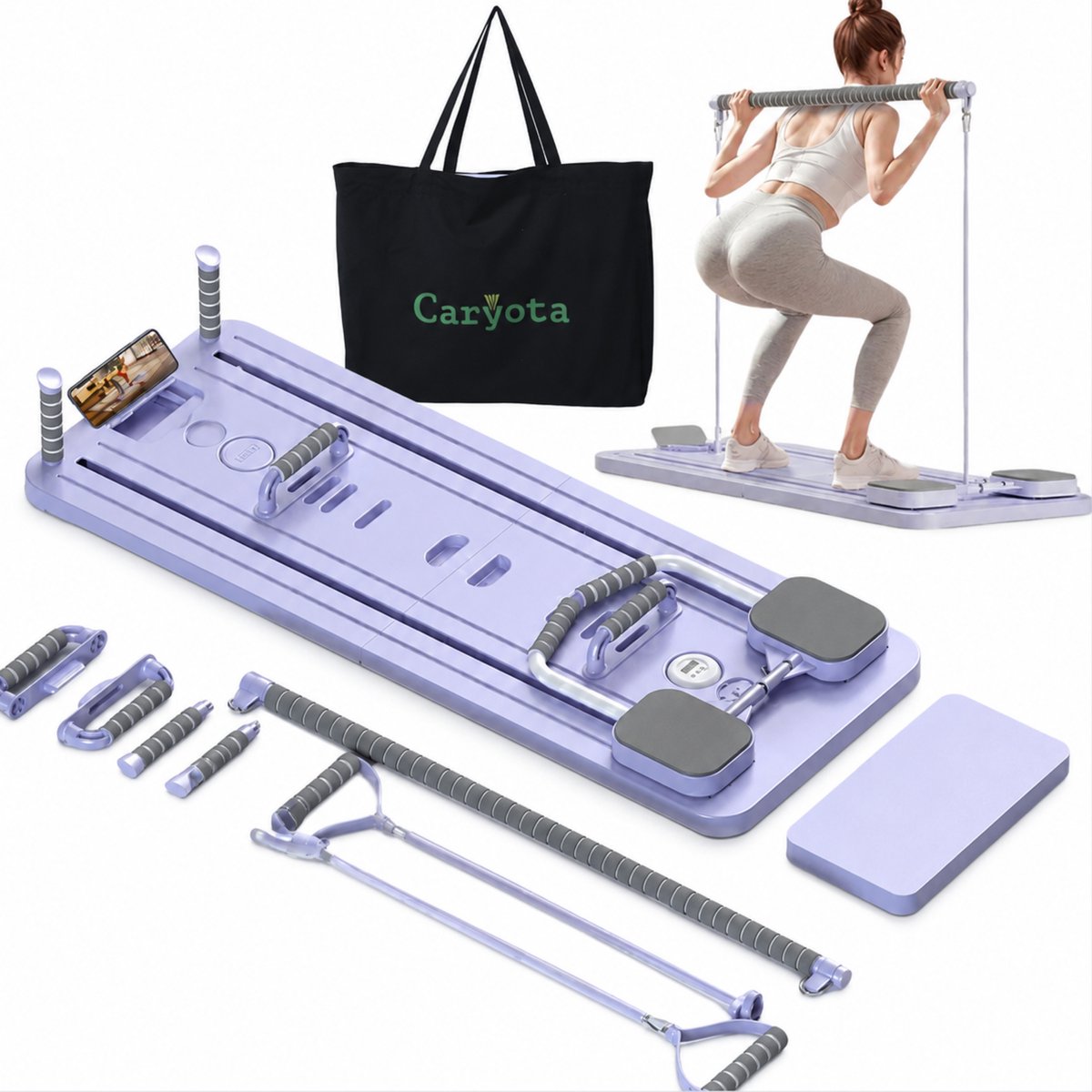 Caryota Pilates Board - Reformer Voor Thuis Workout - Inklapbare Buikspiertrainer - Telefoonhouder - Stopwatch - Inclusief Tas en Voorbeeldoefeningen