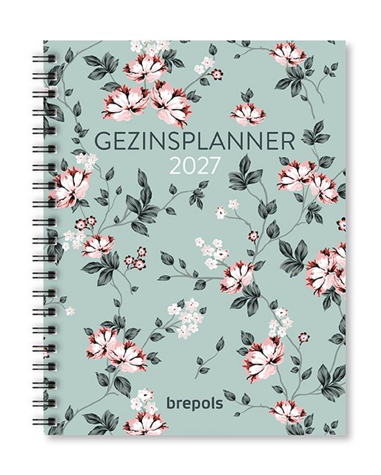 Gezinsplanner 2027 met groen bloemenpatroon en zwart wire-o binding.