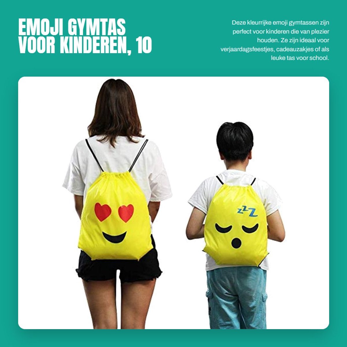 Dailygoods- Gymtas Emoji - 10 Stuks - Duurzaam Nylon - Trekkoord - Herbruikbaar - Feestaccessoires - 43x34 cm - Rugzak