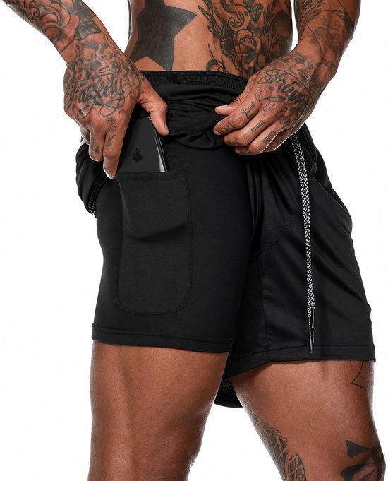 Sportbroek Heren - 2 in 1 Fitness- en Hardloopbroek - Lichtgewicht en Ademend - Sportkleding - Met Telefoonvak, Achterzak met Rits & Zijzakken met Rits - Elastische Tailleband en Trekkoord - Zwart - L
