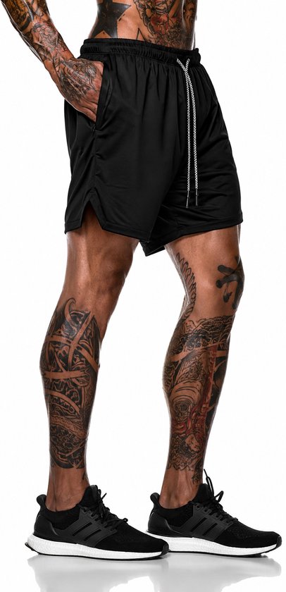 Sportbroek Heren - 2 in 1 Fitness- en Hardloopbroek - Lichtgewicht en Ademend - Sportkleding - Met Telefoonvak, Achterzak met Rits & Zijzakken met Rits - Elastische Tailleband en Trekkoord - Zwart - L