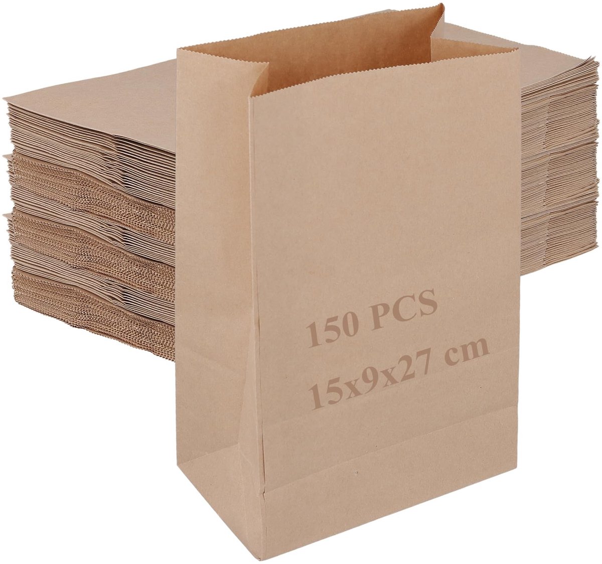 SOUQONE- Papieren Zakken 150 Stuks - Bruin Kraftpapier - 15x9x27 cm - Stevige Onderkant - Duurzaam - Geschikt voor Voedsel - Krafzakken