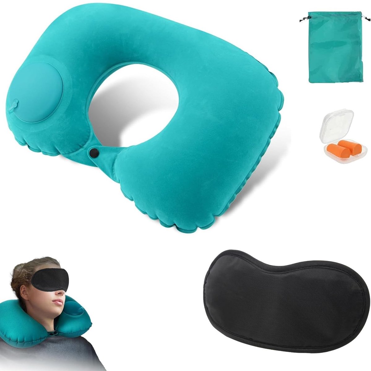 SOUQONE - U-vormig Opblaasbaar Neksteunkussen met Slaapmasker en Oordopjes