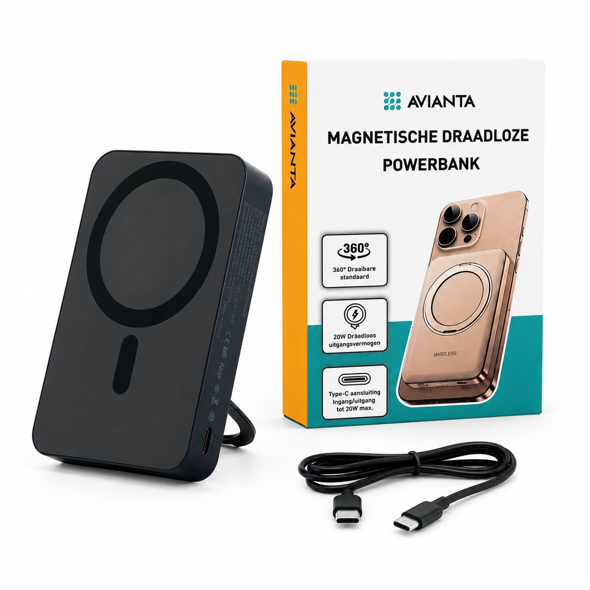 Avianta Magnetische Powerbank 10.000 mAh - Geschikt voor MagSafe - Draadloze Snellader 15W - Met Ringstandaard - Compatibel met iPhone & Android - Compact Noodpakket - Zwart