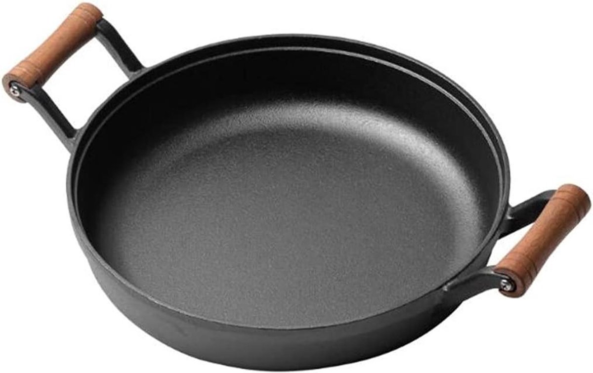 Gietijzeren koekenpan Braadpan met oor Koken en braden Ongecoat natuurlijk anti-aanbakkend 33cm diameter Zwart