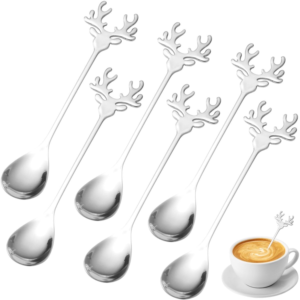 SOUQONE- Koffielepel Set van 6 - Roestvrij Staal - Duurzaam - Kerstlepel - Voedselveilig - 14 cm - Lepel