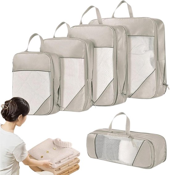 Reis Compressie Zakken - Koffer Organizer - Ruimte Besparen - Vochtwerende Binnenlaag - 34x24 cm - Beige — afbeelding 5