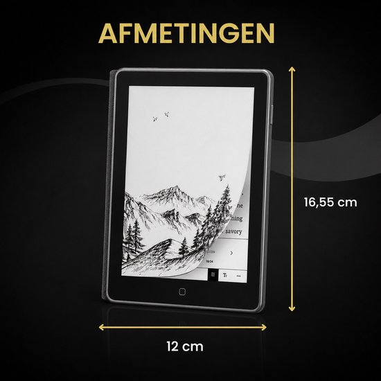 Afmetingen van de e-reader: 16,55 cm hoog en 12 cm breed.