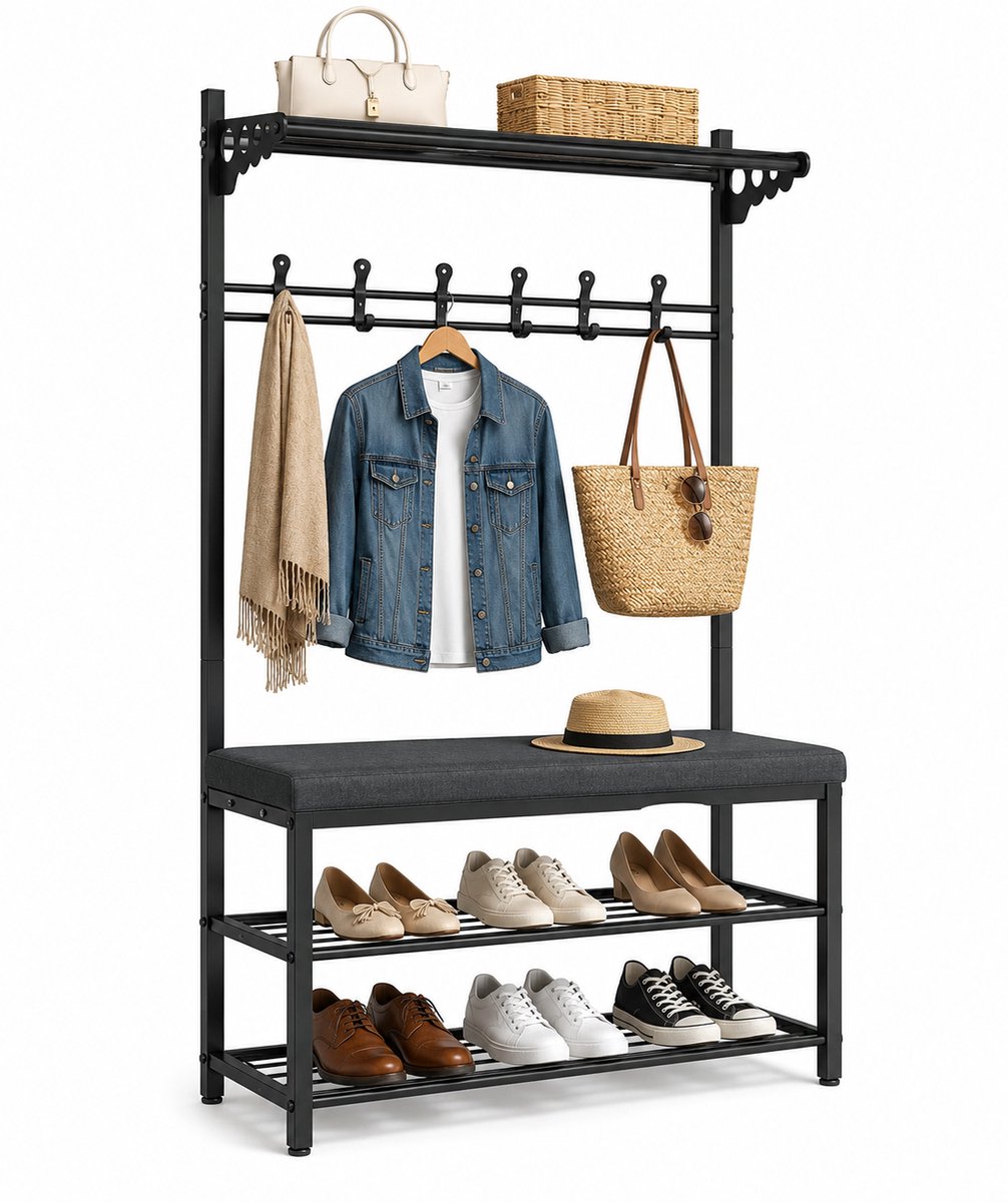 CINK Home® Entree Kapstok met Schoenenrek en Zitbank – 80x33x172 cm – Zwart – Industrieel Halmeubel met Haken en Opbergruimte