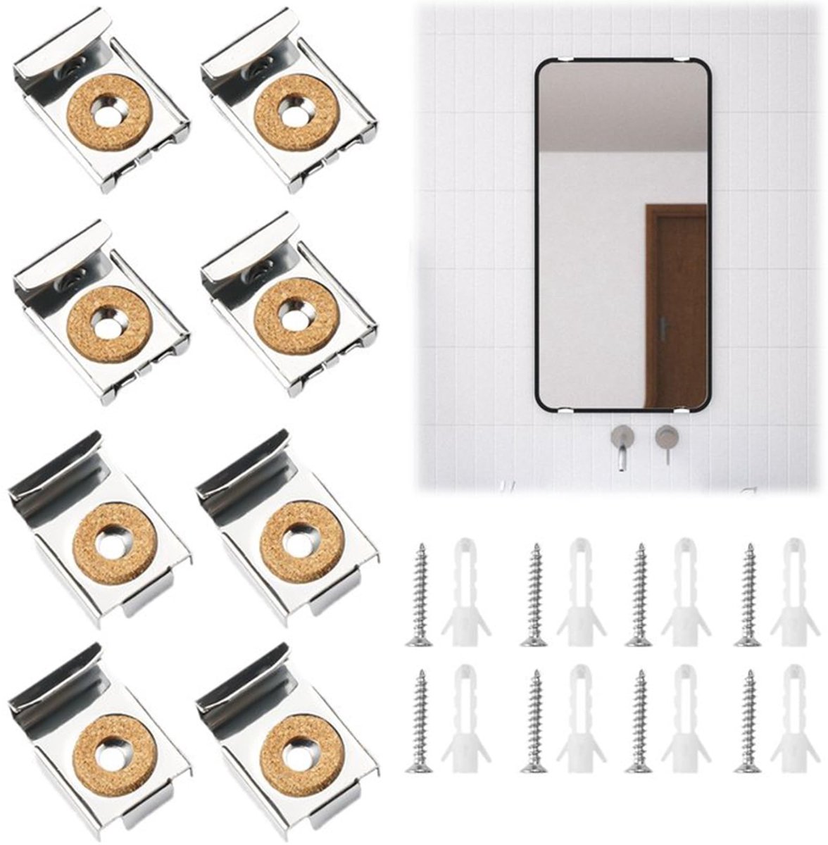 Dailygoods- Spiegelbeugel Zware Spiegel - Roestvrij Staal - Verende Spiegelbeugel - Spiegelklemmen met Pluggen - Ongekaderde Spiegelbeugel - Ideaal voor Glas - Spiegelhouder