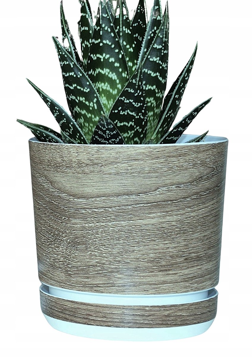 Decoratieve Pot Licht Eiken Hout-look 16cm met Geïntegreerde Schotel