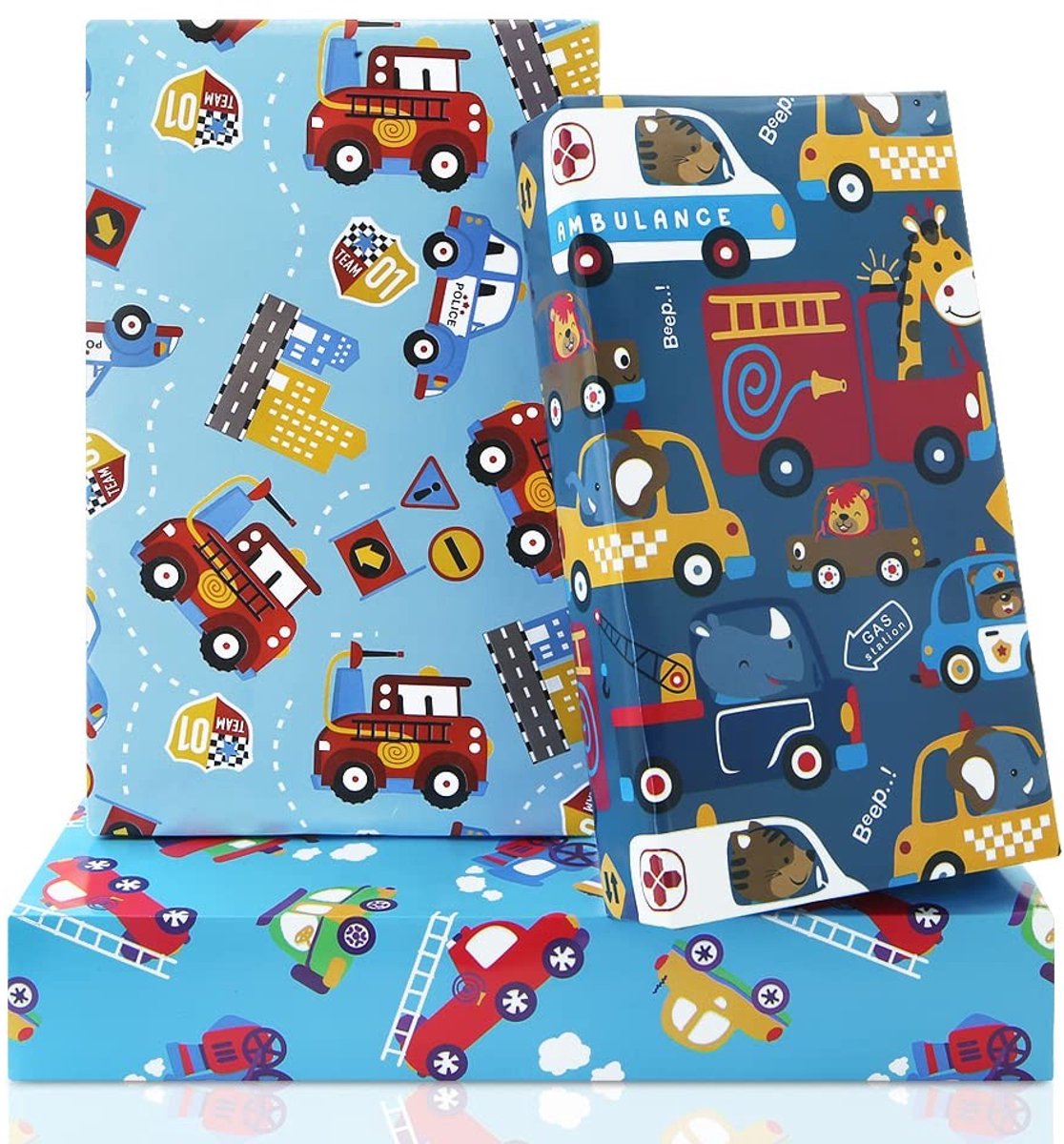 Dailygoods- Inpakpapier Verjaardag - Cadeaupapier Kinderen - Voertuigen Thema - 6 Vellen 50x70cm - Vintage Brandweerwagen - Uniek Patroon
