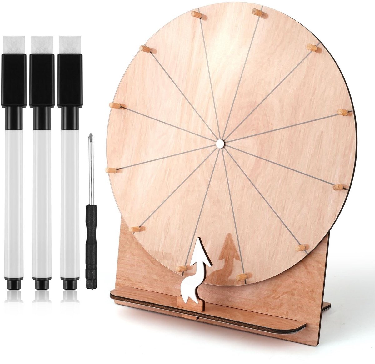 Dailygoods- Prijzenwiel 30cm - Houten Spinner - Uitwisbaar - Roulettewiel - Feestspel - Inclusief 3 markeerstiften - Draaiwiel