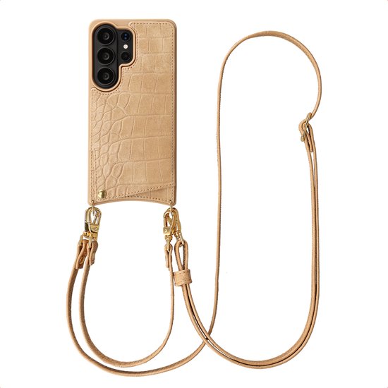 Beige croco print telefoonhoesje met koord, zijkanten en knoppen.