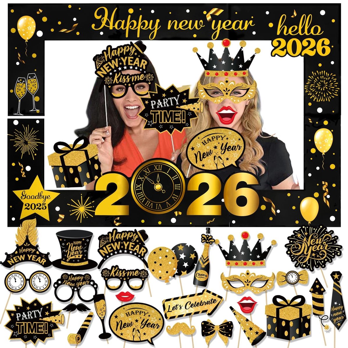 JHUBERS- Fotocabine Rekwisieten 26 Stuks - Gelukkig Nieuwjaar Hoofdband - Nieuwjaarsfeest Hoeden - Nieuwjaarsbril - Kus Me Bril - Fotolijst Decoratie - Fotohokje