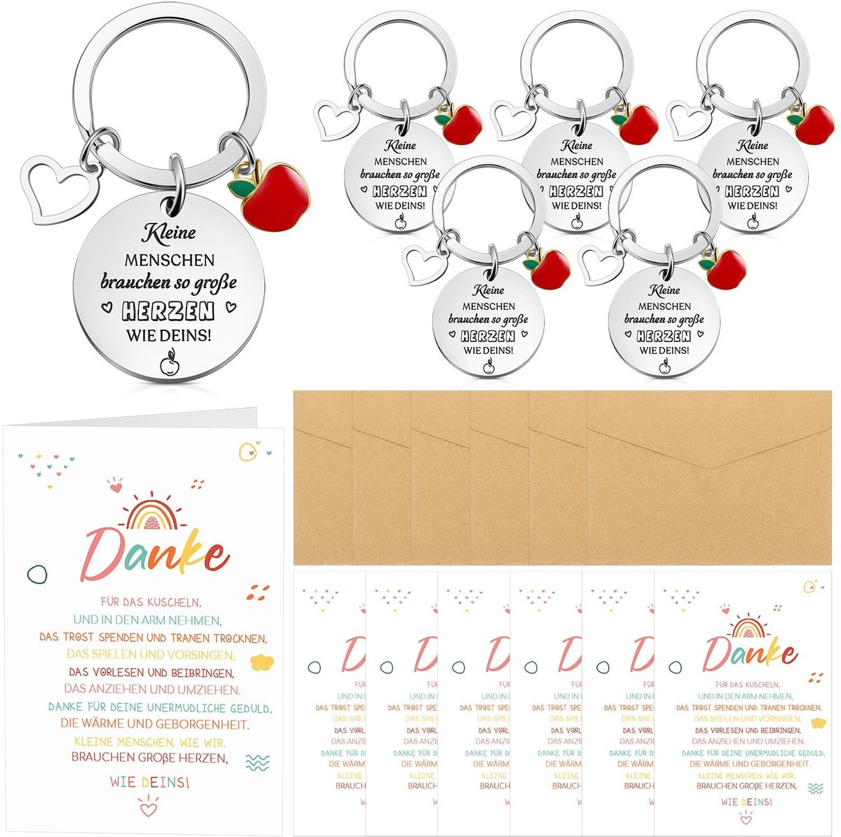 JHUBERS- Bedankjes Set - Bedankjes Leraar - Sleutelhanger Appel - Regenboog Bedankkaart - Afscheidscadeau - Materiaal Papier/Roestvrij Staal - Lerarencadeau
