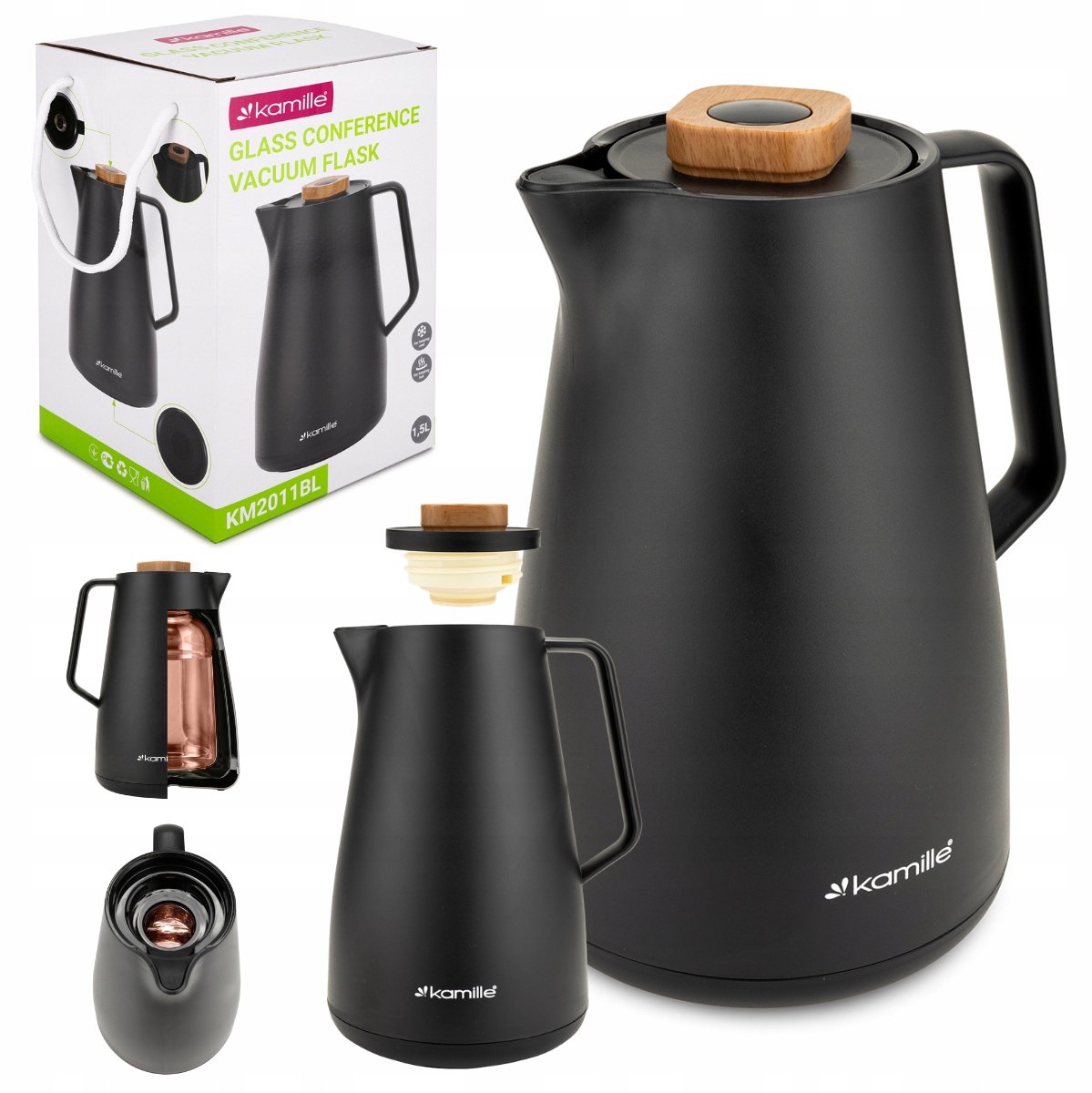 Kamille Thermos Conferentiekan Zwart Glazen Inzet 1.5L