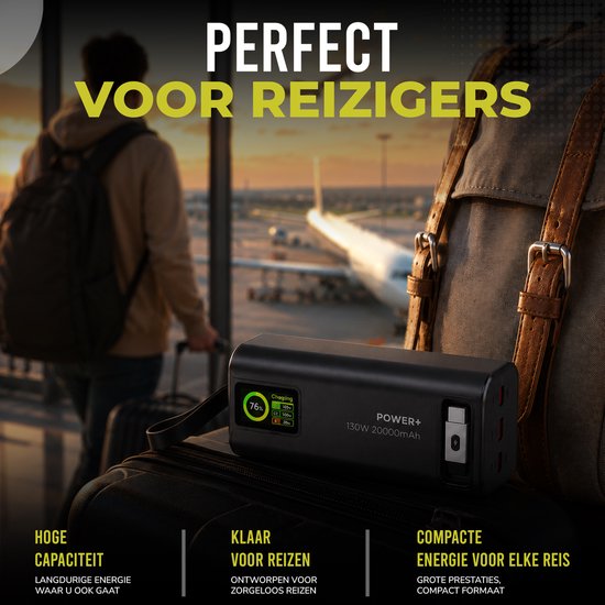 Zwarte 20000mAh powerbank 130W met LED display, ideaal voor reizigers. Hoge capaciteit.
