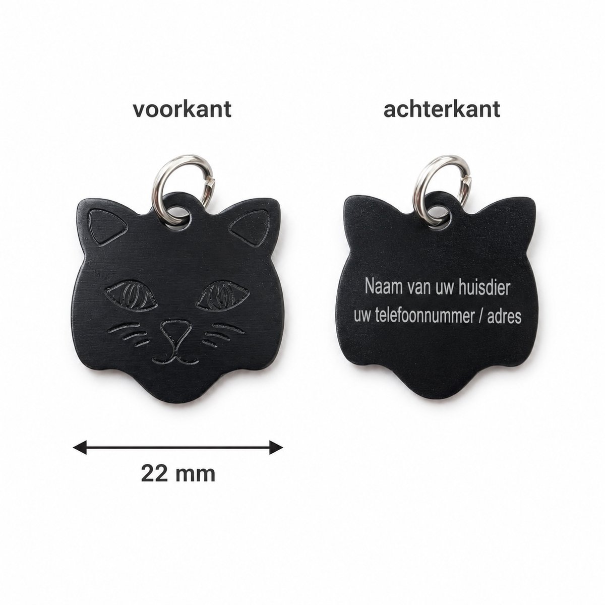 Zwart Katten Naamplaatje voor Huisdier – Gepersonaliseerde Kattenpenning met Naam, Telefoonnummer of Adres – Aluminium ID Tag / Adresplaatje voor Kat, Kitten en Halsband – 22 mm