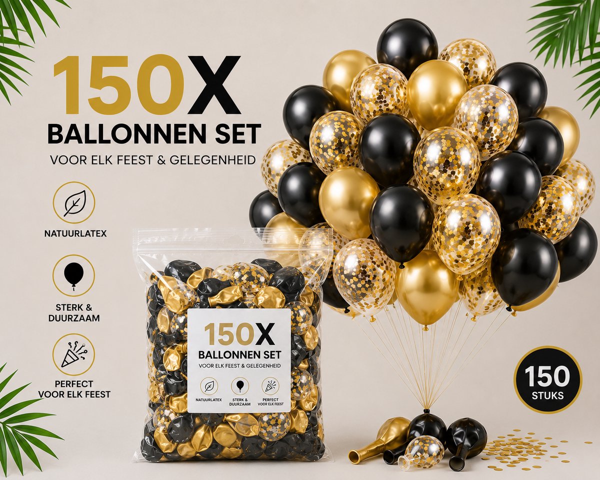 HG Party - Luxe Ballonnen Mix Zwart & Goud 12 inch – 150 stuks – Inclusief Gouden Confetti Ballonnen – Feest & Decoratie