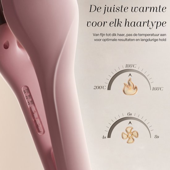 Roze haarkruller met temperatuurinstellingen van 130°C tot 200°C en timers van 4s, 6s, 8s.