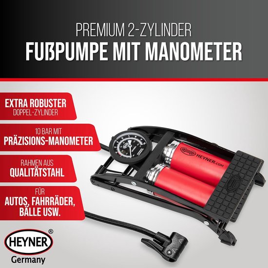 Voetpomp Dubbele Cilinder - Fietspomp Bandenpomp - Banden Oppompen - Met Precisie Manometer - Tot 10 Bar - Zwart — afbeelding 4