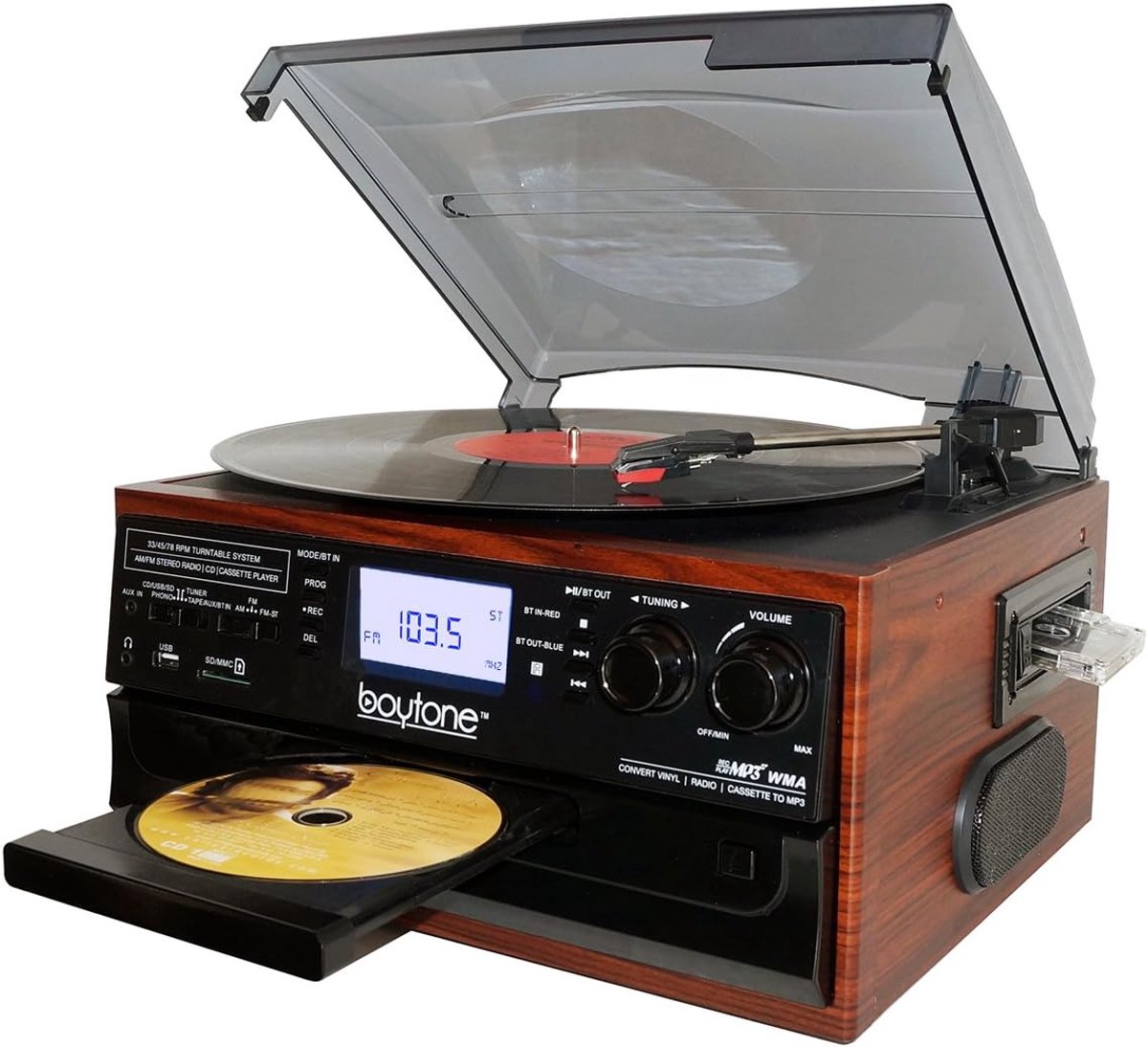 Platenspeler Radio - Muziekspeler Cassette - Muziek Luisteren - Digitale Conversie Functie - 12.5 inch Breed - Zwart