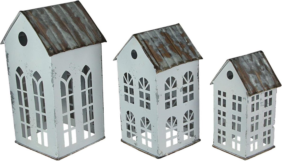 Huisvormige Kandelaars - Theelichthouders Set - Sfeerverlichting Creëren - Rustieke Boerderij Stijl - Set van 3 - Wit