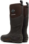 Paar bruine Muck Boot Muckmaster laarzen, achterkant met stoffen bovenkant.