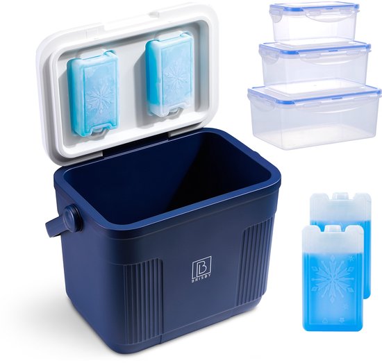 Glacière Brisby - Frigobox - 22L - Blauw - Jusqu'à 40 heures d'isolation - Incl. 4 packs de glace épais de 450 ml - Fermeture à température sûre - Nouveau design avec packs de glace verrouillés dans le couvercle