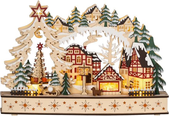 Foto: Led kerstdorp winterlandschap verlicht kerstdecoratie tafel decoratie natuurlijk hout 45 cm