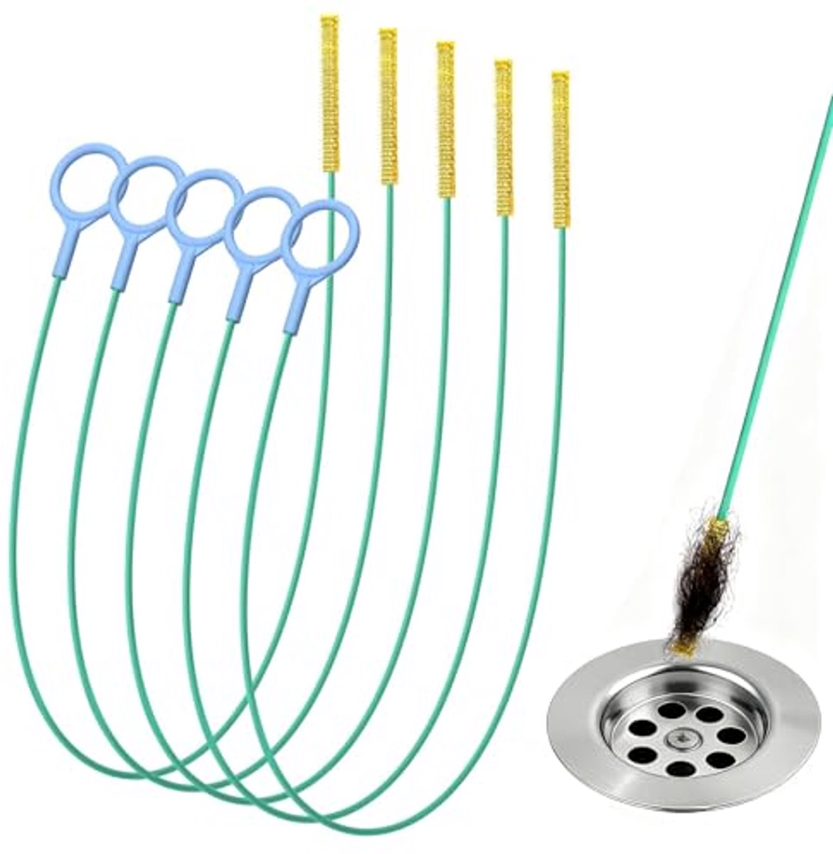 Afvoer Ontstopper - Gootsteen Tool - Verstopping Verhelpen - Flexibel Onbreekbaar - 5 Stuks 75 cm - Groen