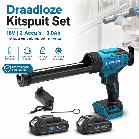 Draadloze kitspuit set met 18V accu's, lader, en reinigingstool. Kenmerken: krachtige 18V motor, constante kitafgifte, anti-drup functie.