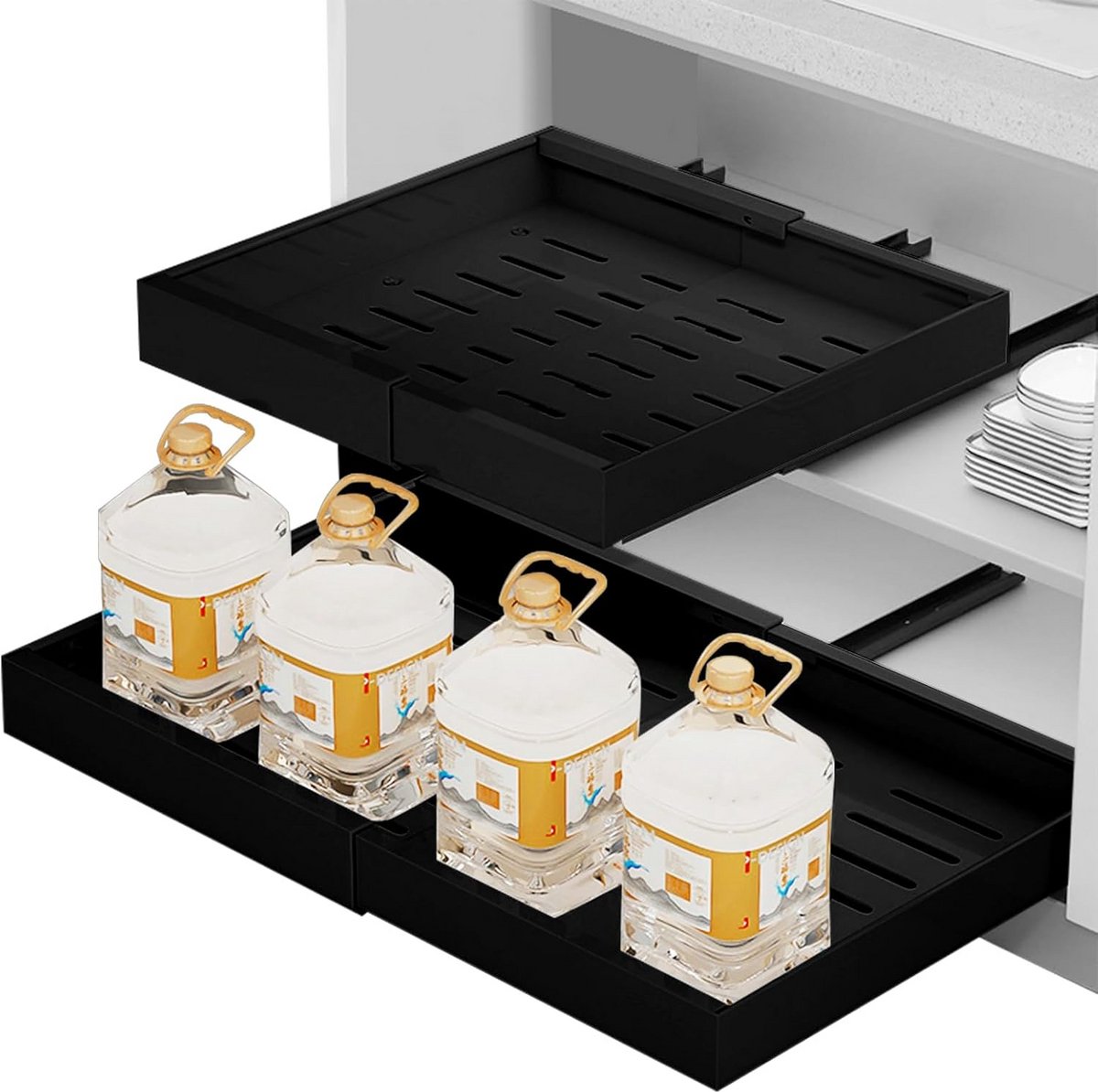 Uittrekbare laden voor keuken, organizer zonder boren (31-53 cm B x 42 cm D x 6 cm H)