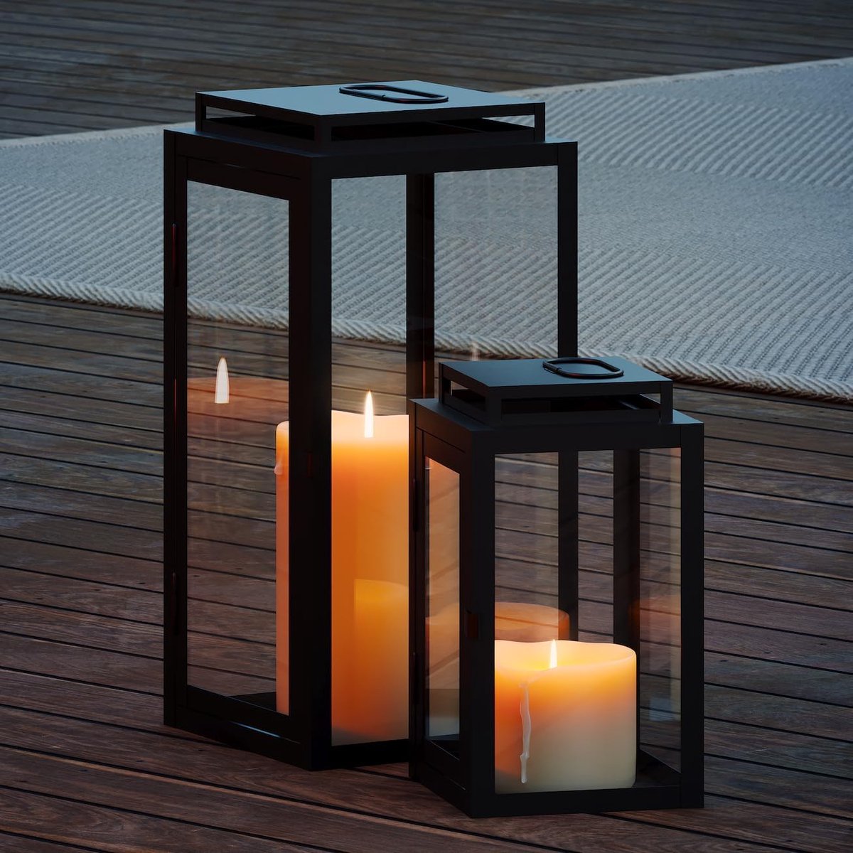 Lantaarns Set - Decoratieve Verlichting - Sfeervolle Decoratie - Gepoedercoat Metaal - 22 x 42 cm - Zwart