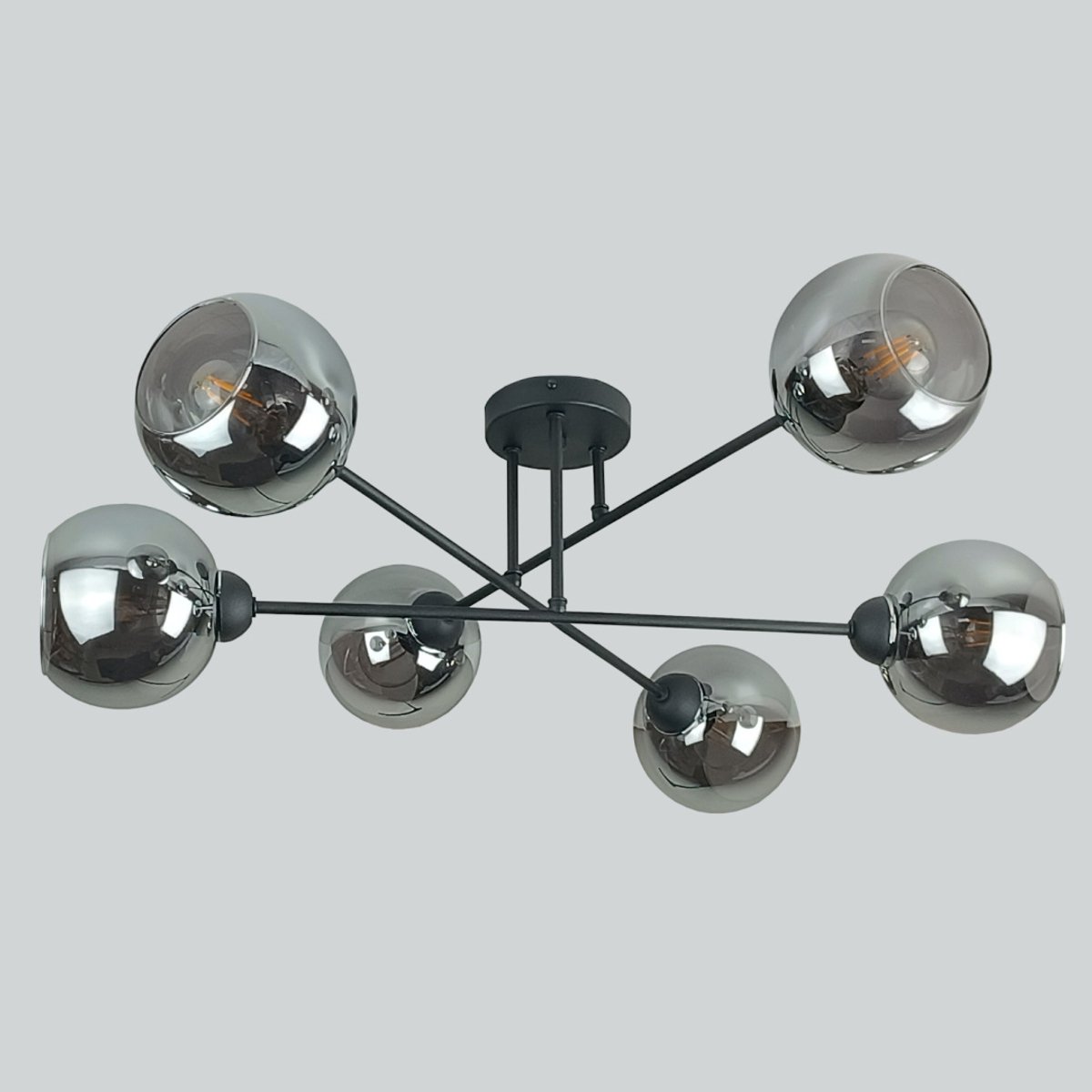KETER LIGHTING Vasco Black Smoky Plafondlamp 6xE27 – Zwart Metaal & Rookglazen Lampenkappen
