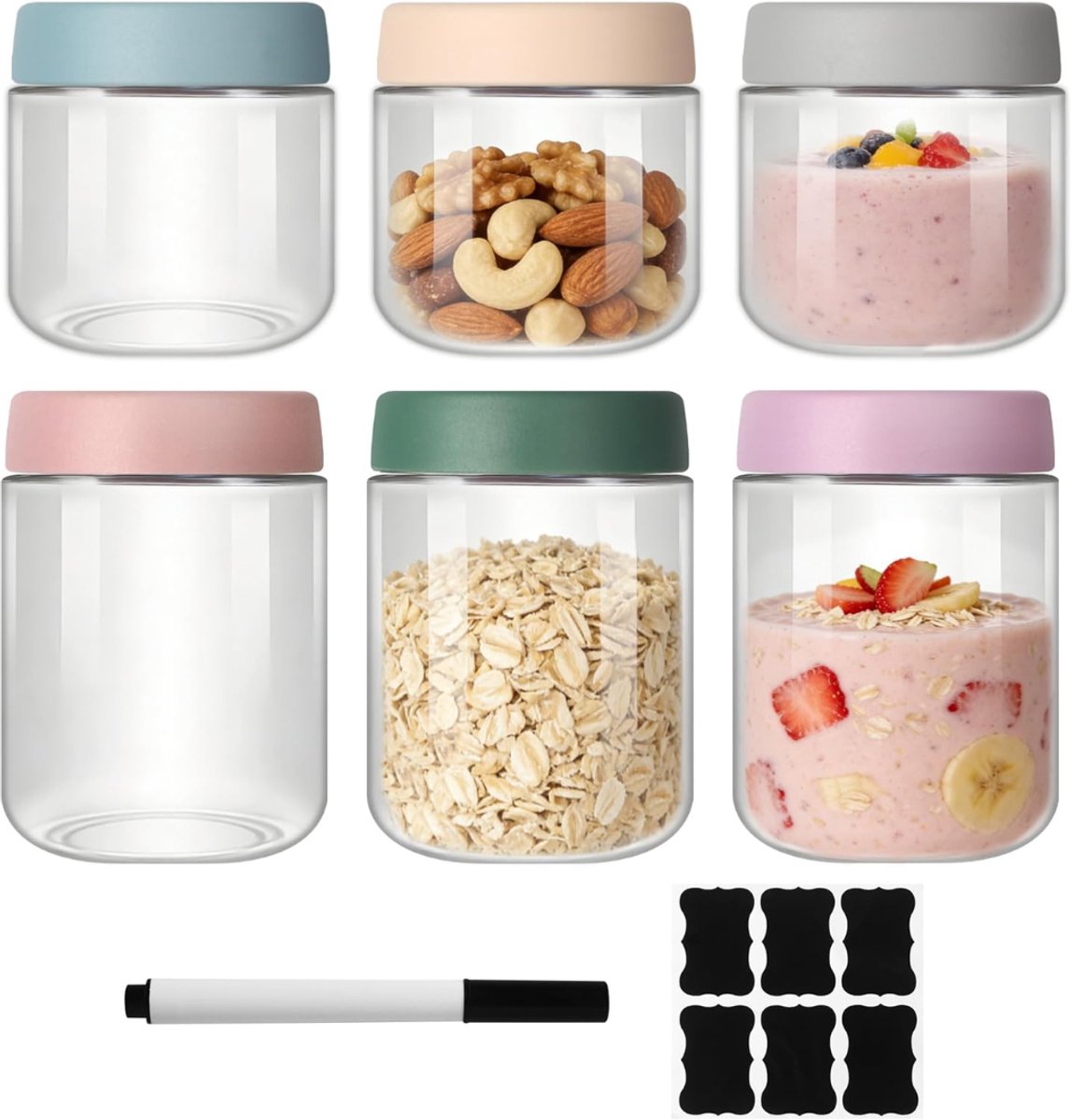SNJY® Overnight Oats Potjes - Glazen Potjes met Deksel - Mason Jar - Weckpot - 3x300 ML - 3x500 ML - Doorzichtig