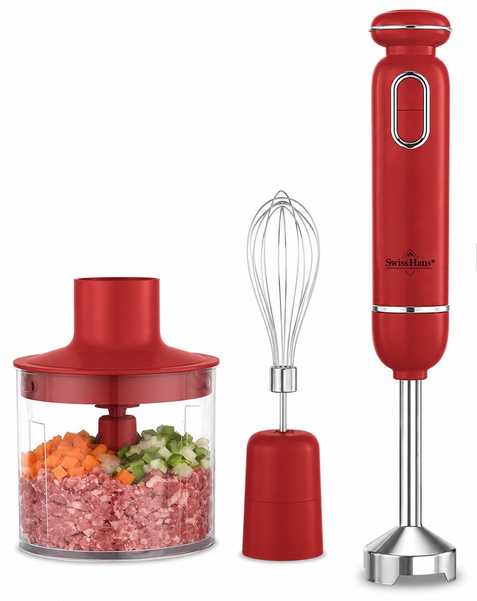 Swiss Haus® HBS19 Staafmixer Set 600W – Handblender met 20 Snelheden + Turbo Functie – Hakmolen 500ml & RVS Garde – Afneembare RVS Staaf – 3-in-1 Functie – Rood