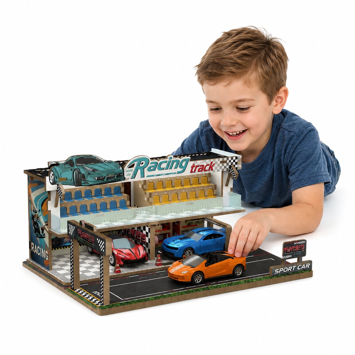 Meedeer Miniatuurmodel van een racecircuit-Houten model-Met led verlichting-Miniatuur Bouwpakket-hoge bedienbaarheid-DIY-Met 2 raceauto's