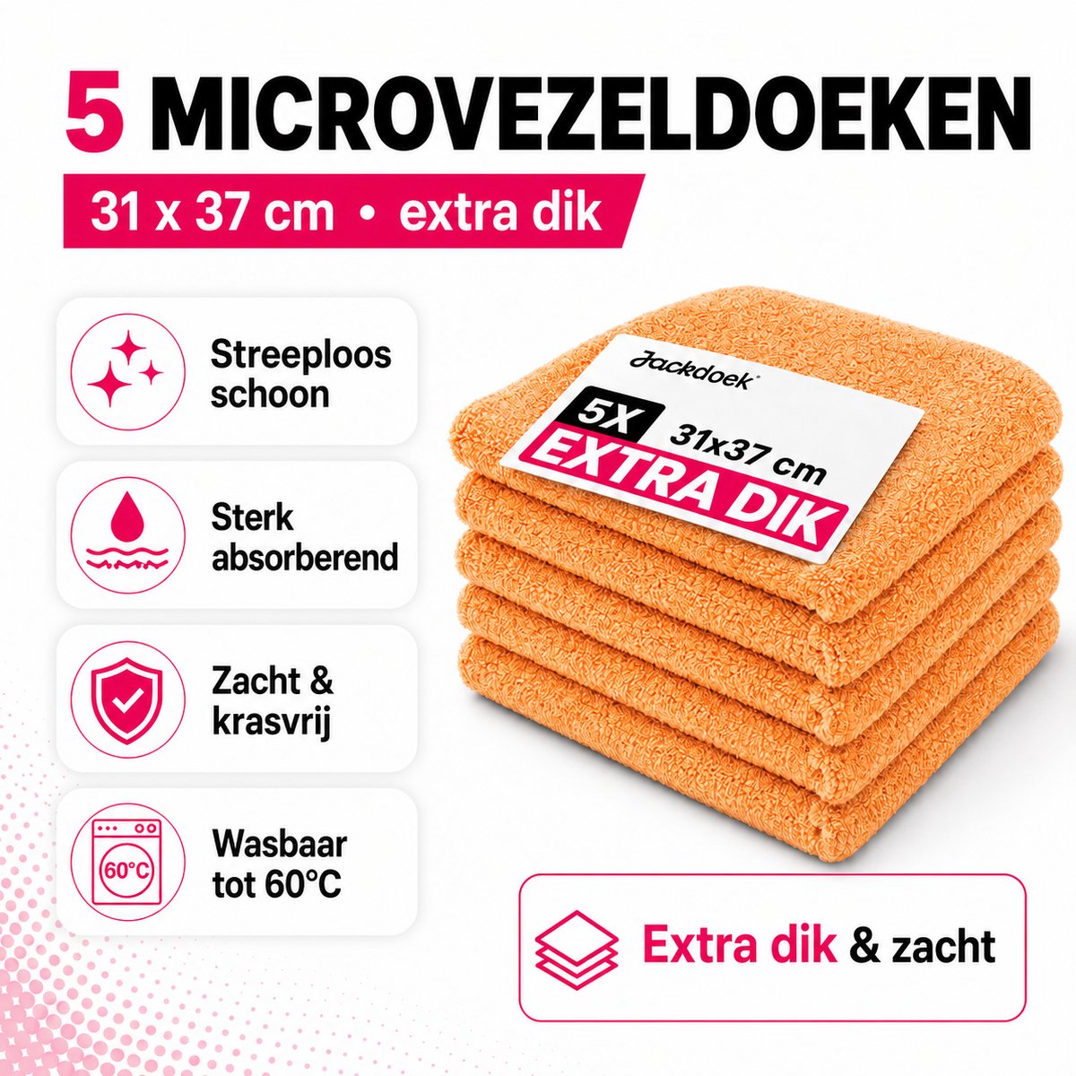 Jackdoek Classic Microvezeldoekjes - 5 pack - 31x37cm - Extra dik - Oranje - Streeploos, Sterk absorberend en Wasbaar - Voor Glas, Tegels, Keuken, Badkamer, Auto, Beeldscherm