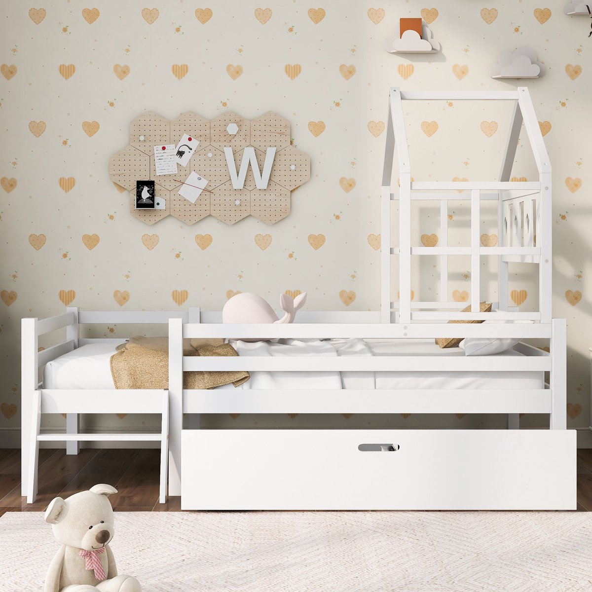 DESMIU Kinderhoogslaper 90x200cm – Speels Huisdesign Met Ladder En Lade – Beschermende Omheining En Opbergruimte Onder Bed – Voor Kinderkamer – Massief Grenenhout – Wit – Zonder Matras