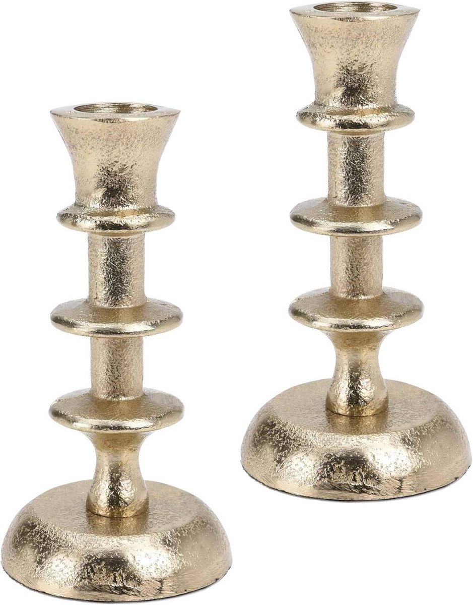 Metalen Kandelaars Set - Kaarsenstandaards Antiek - Sfeervolle Decoratie - Shabby Chic Look - Hoogte 12.5 cm - Antiek Goud