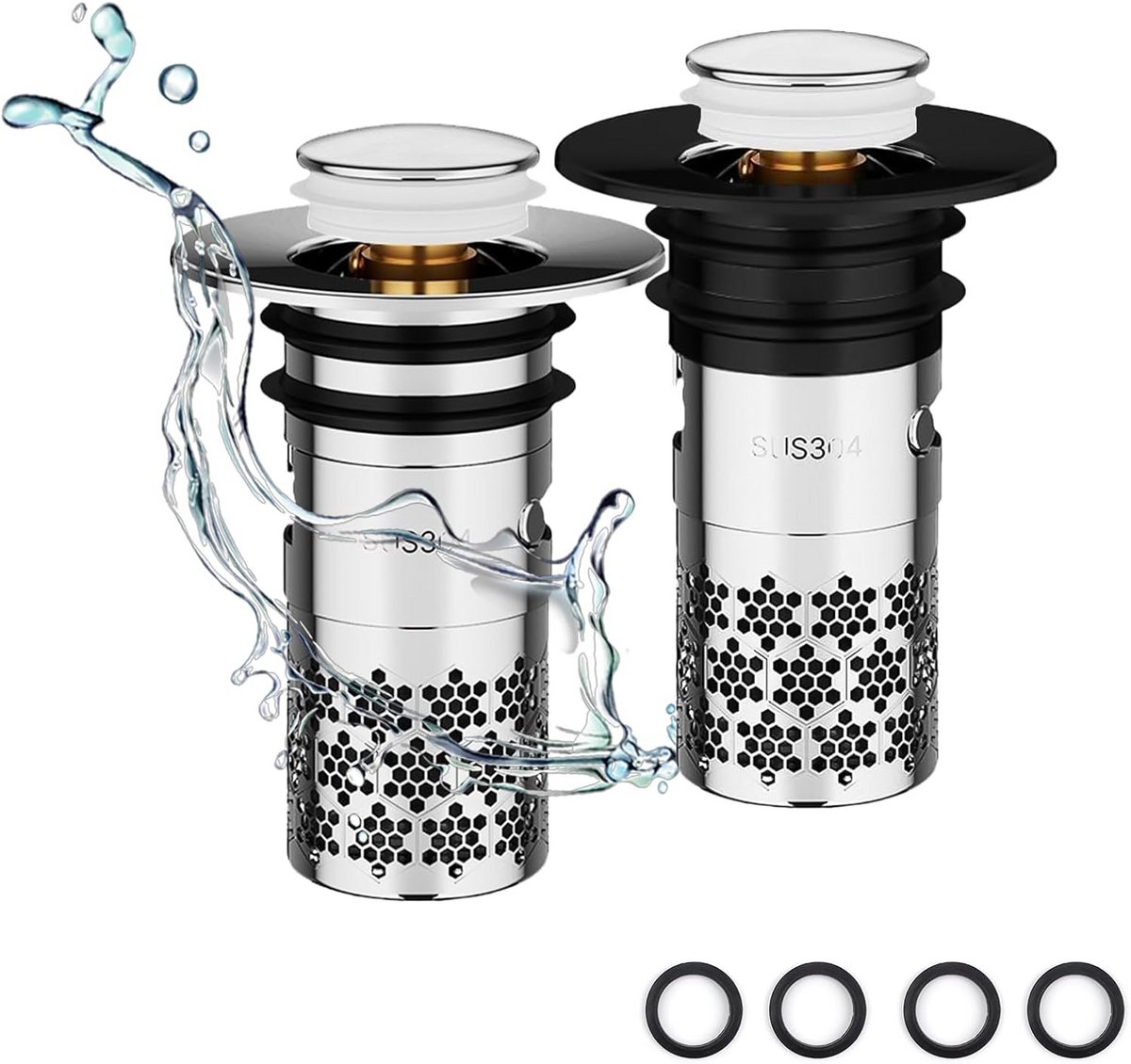Afvoerstop Set - Douche Plug - Water Dicht Maken - 3-traps Systeem - 33-40 mm - Zwart Zilver
